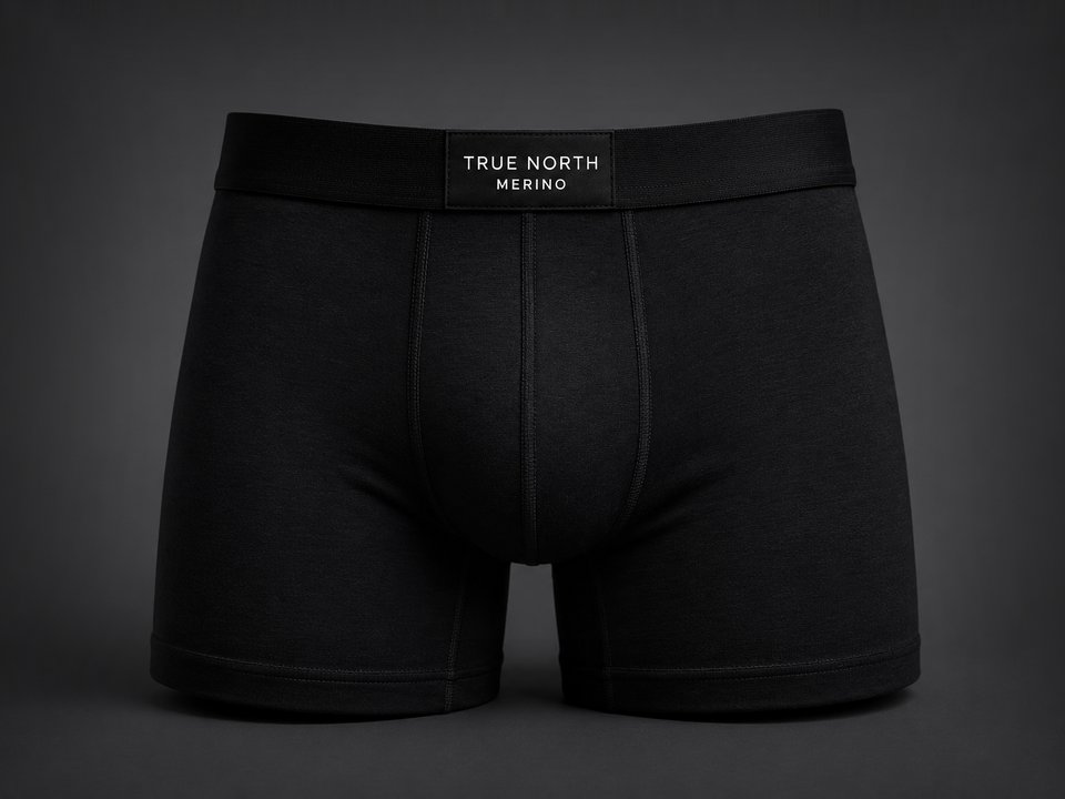 TRUE NORTH Flight Deck Boxer Brief in Midnight — 17.5-micron merino wool, front view
