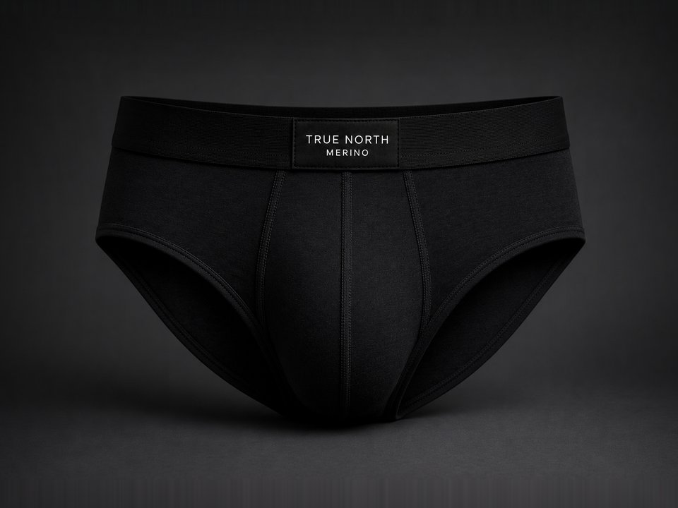 TRUE NORTH Rotation Brief in Midnight merino wool, front view